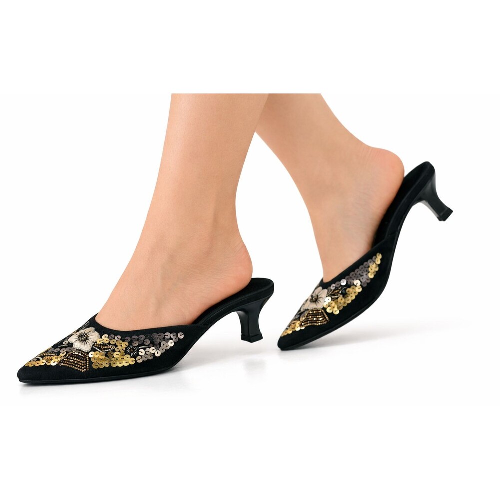 Calique Womens  Gold Silver & Black Beaded Floral Slippers 2" Heel Y2K 90s